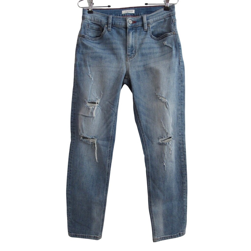 THEMOGAN Jeans Frankie Low Rise Girlfriend Distressed Rip Roll Up Blue Women 3